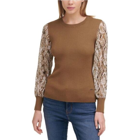 NWT DKNY Brown Snake Skin Chiffon Long Sleeves Ribbed Knit Crew Sweater Sz XS - Picture 1 of 10